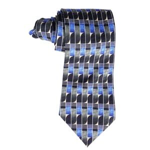 Louis Roth Geometric Print‎ Silk Tie Blue Green Black Retro Preppy Business